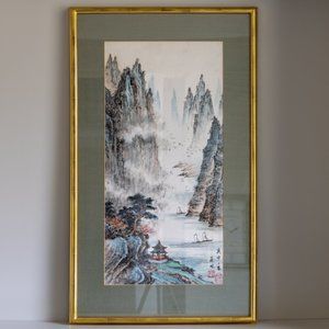 Vintage Chinese Serigraph Landscape – Misty Mountains, Temple & Sailboats Frame